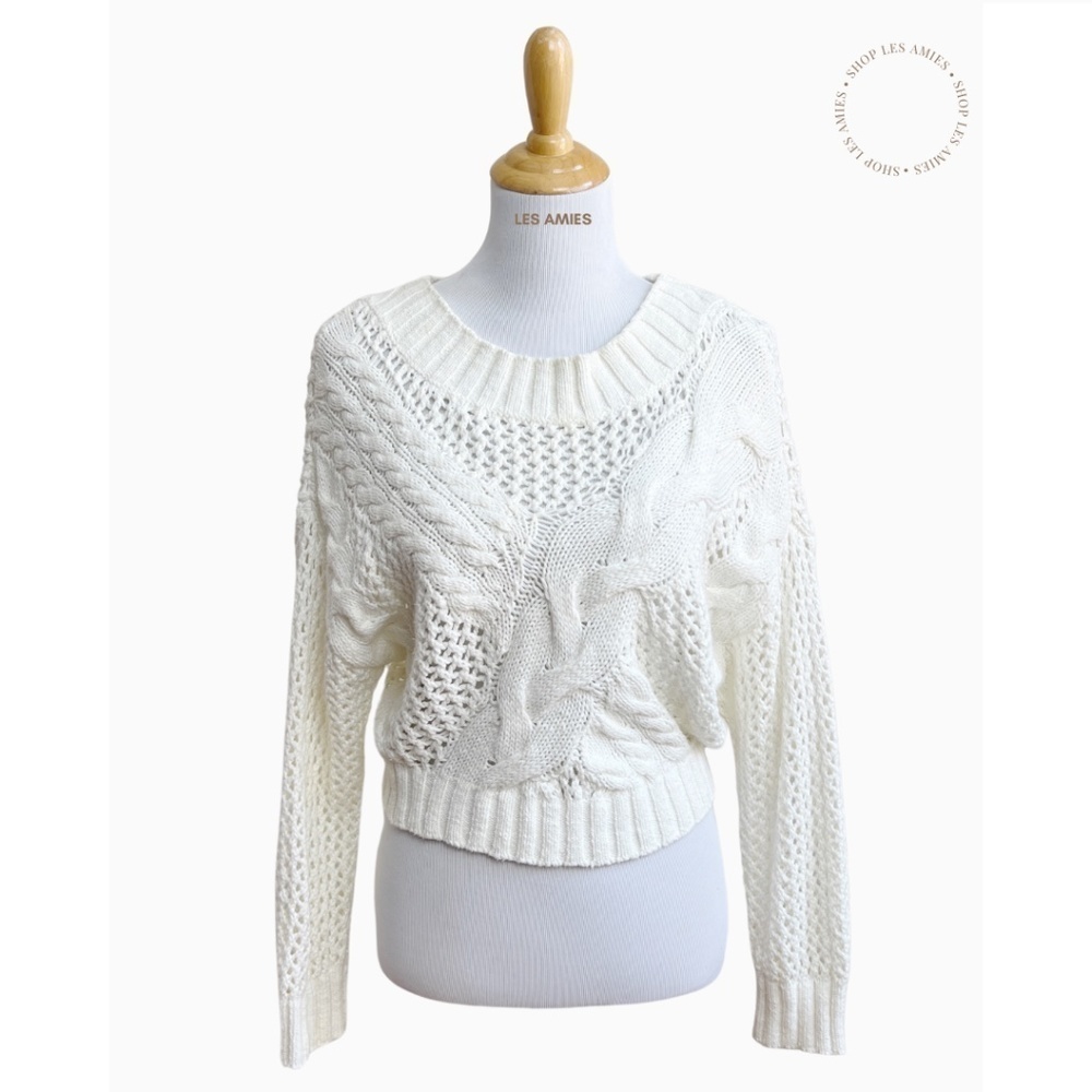 Express Womens White Open Mixed Cable Knit Cropped Relaxed Sweater Small